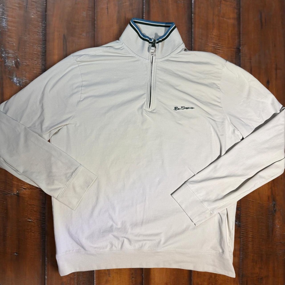 Ben Sherman Quarter Zip Pullover Sweatshirt Cream Mock Neck Cotton XL